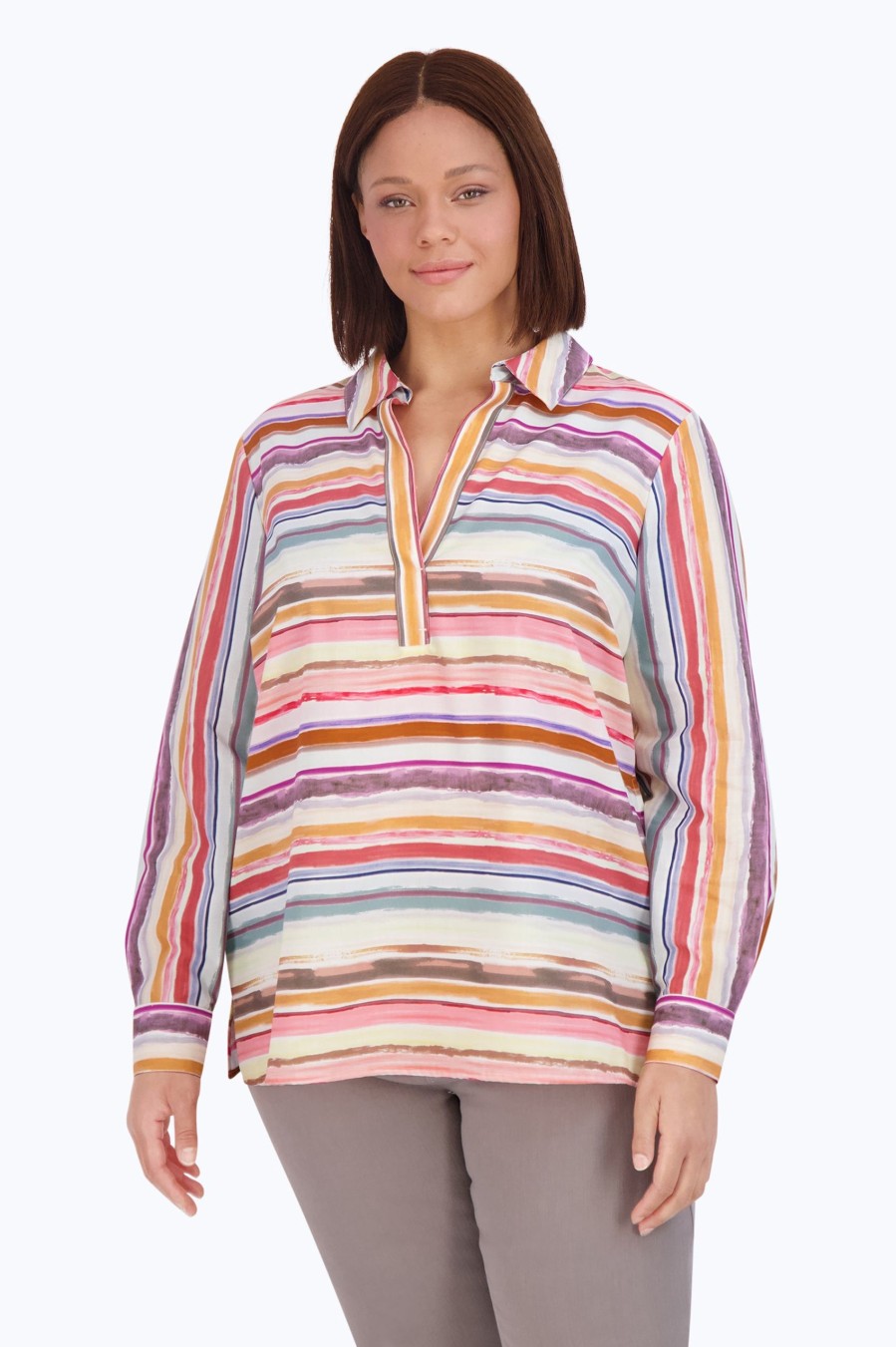 Women Foxcroft Tops | Sophia Plus No Iron Watercolor Stripe Popover Multi Watercolor Stripe