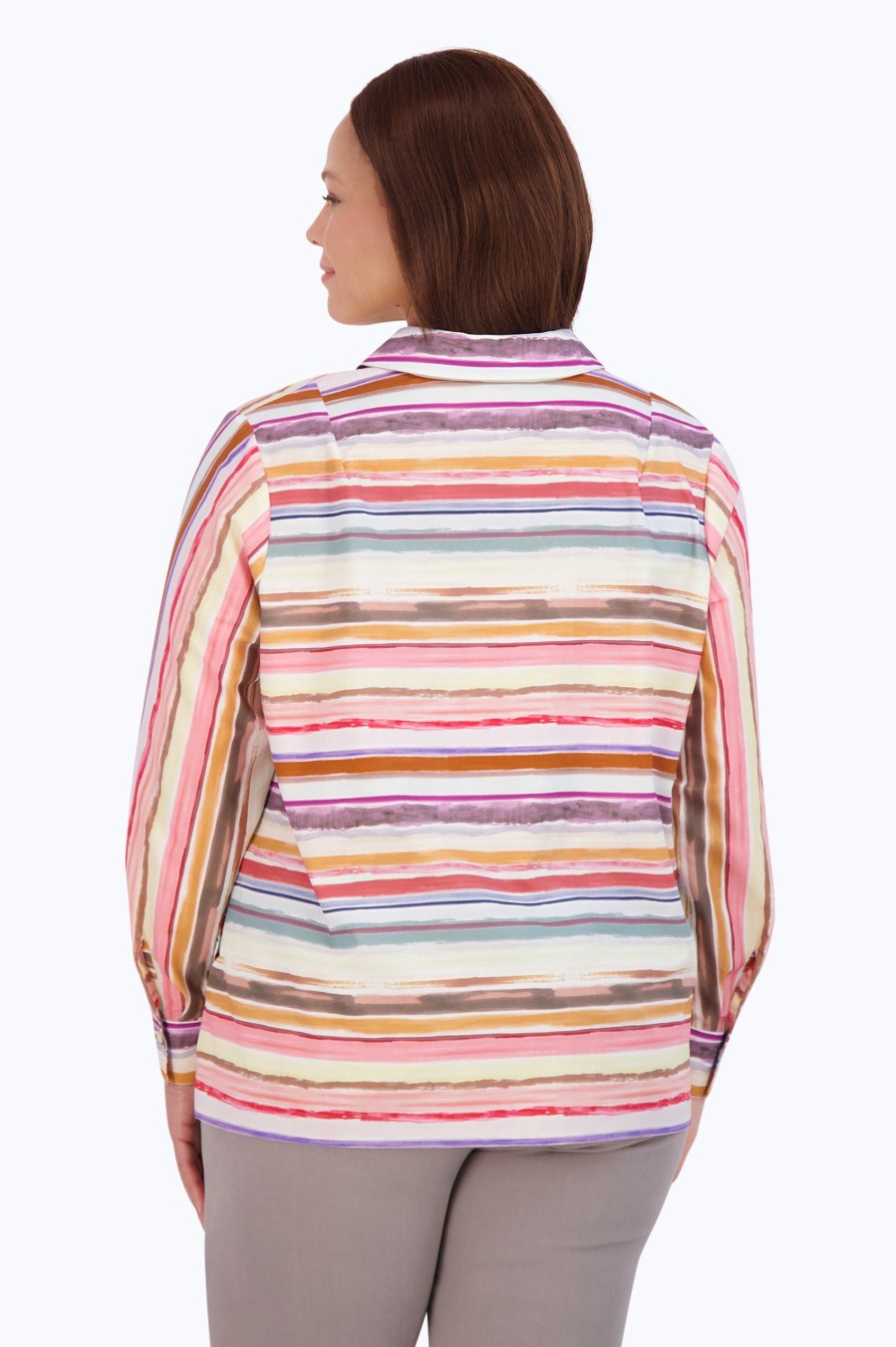 Women Foxcroft Tops | Sophia Plus No Iron Watercolor Stripe Popover Multi Watercolor Stripe