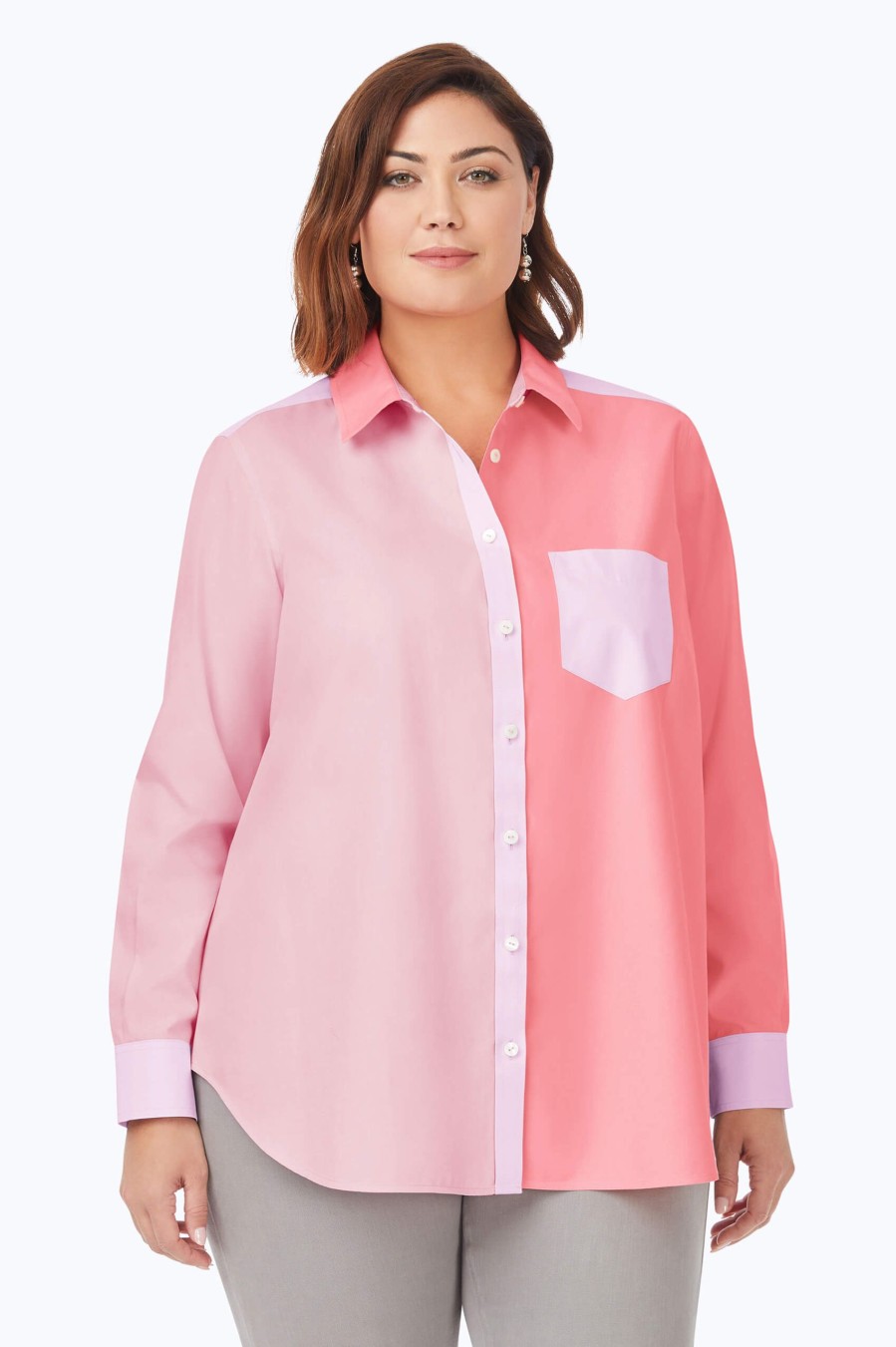 Women Foxcroft Tops | Boyfriend Plus Pinpoint Non-Iron Colorblock Tunic Pink Peach