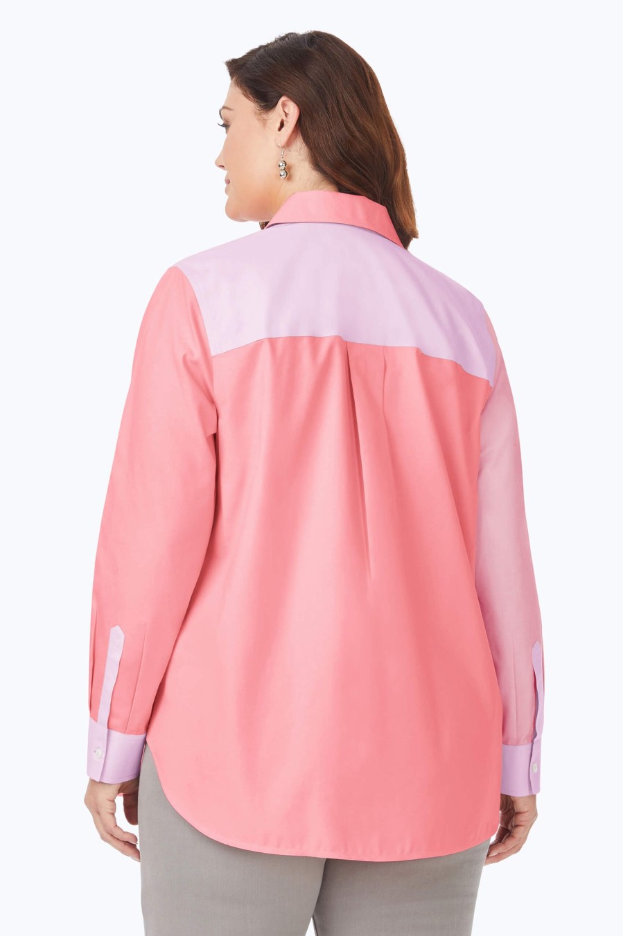 Women Foxcroft Tops | Boyfriend Plus Pinpoint Non-Iron Colorblock Tunic Pink Peach