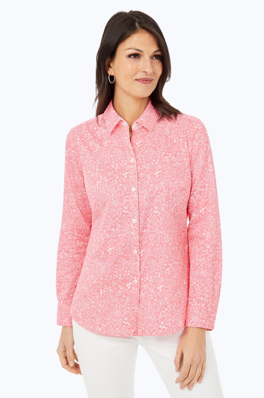 Women Foxcroft Tops | Ava Non-Iron Garden Party Shirt Coral Sunset Garden Party