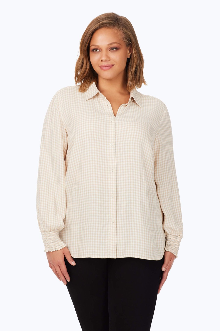 Women Foxcroft Tops | Plus Smocked Sleeve Glitter Gingham Shirt Ivory Glitter Gingham