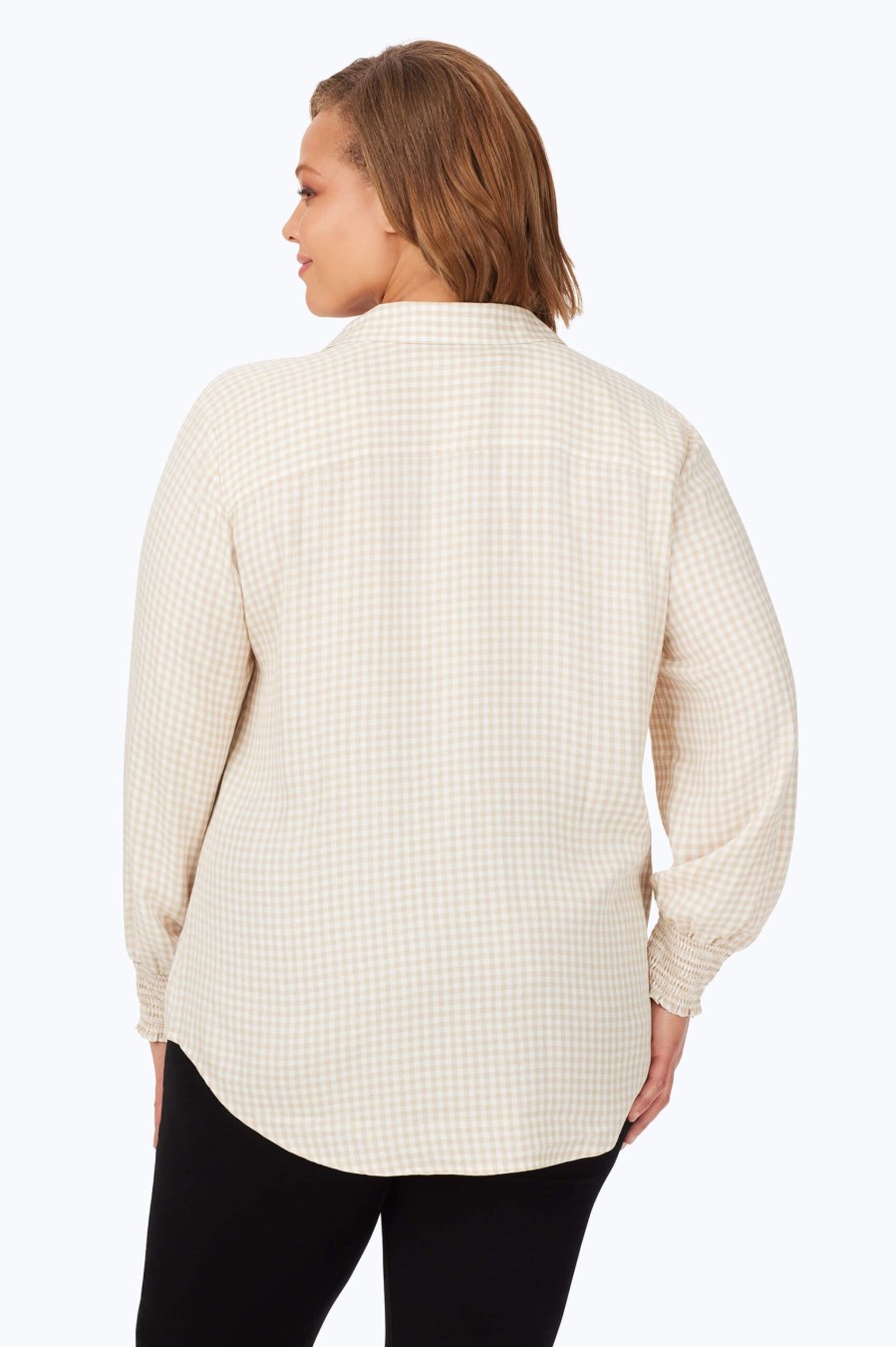 Women Foxcroft Tops | Plus Smocked Sleeve Glitter Gingham Shirt Ivory Glitter Gingham