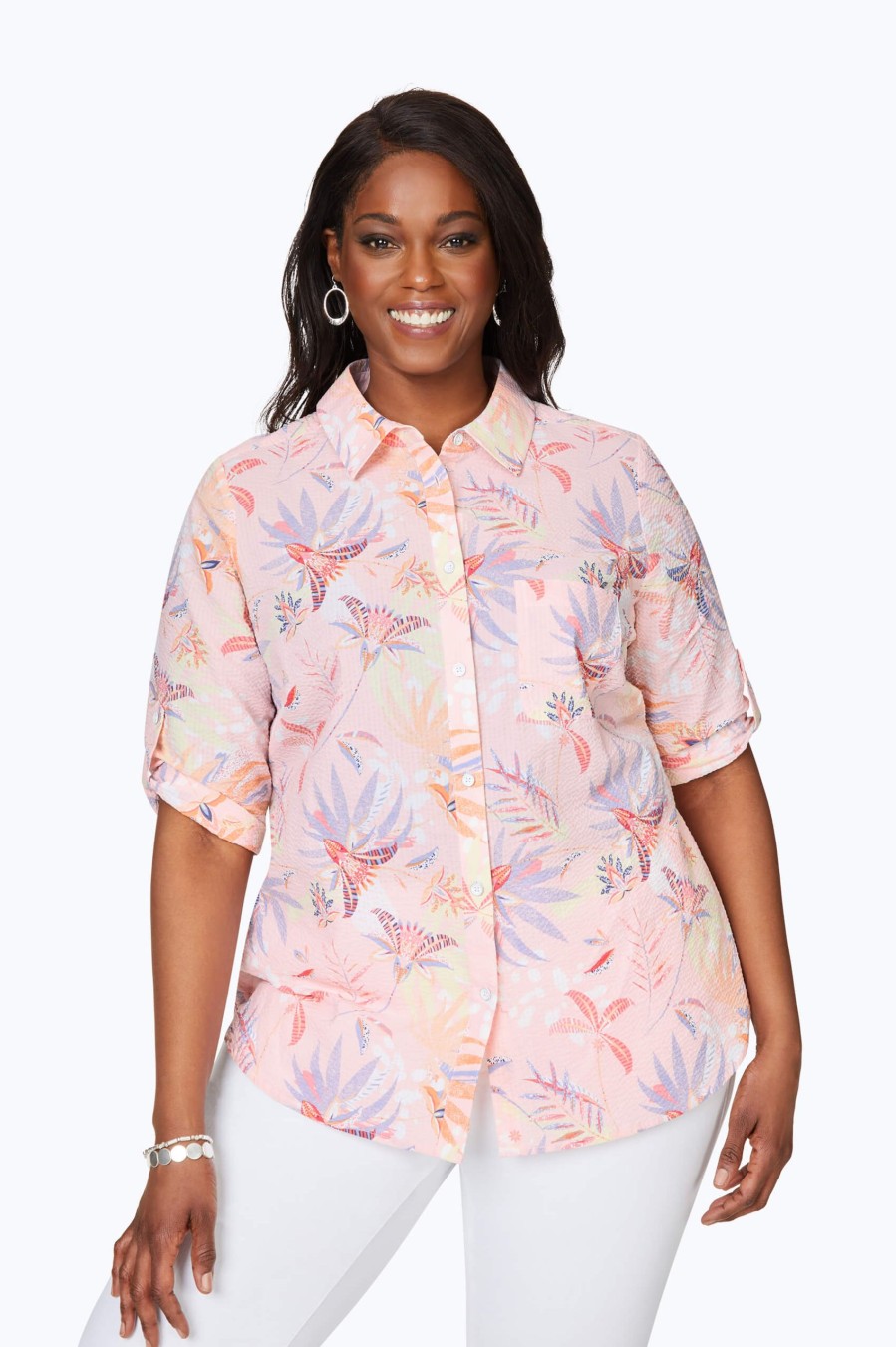 Women Foxcroft Tops | Tamara Plus Seersucker Paradise Floral Shirt Pink Strawberry Paradise Floral