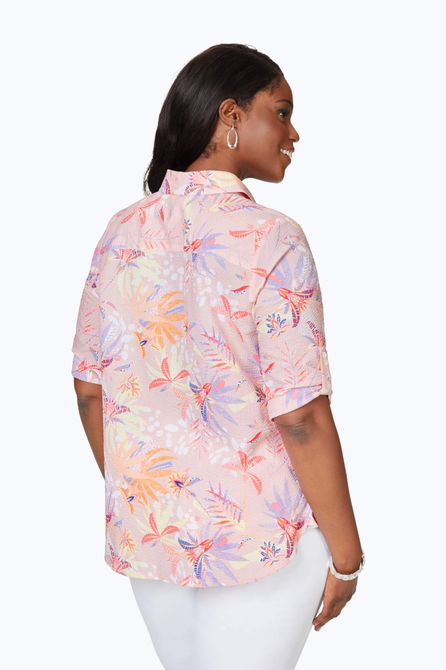 Women Foxcroft Tops | Tamara Plus Seersucker Paradise Floral Shirt Pink Strawberry Paradise Floral