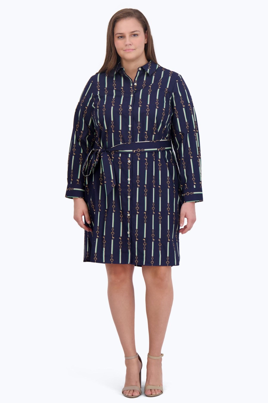 Women Foxcroft Dresses | Rocca Plus No Iron Keychain Stripe Dress Navy Keychain Stripe