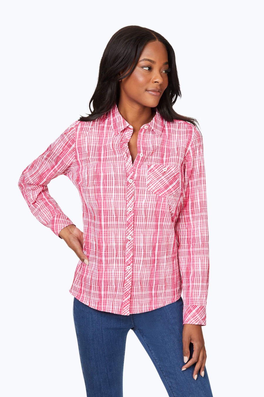 Women Foxcroft Tops | Hampton Purely Plaid Crinkle Shirt