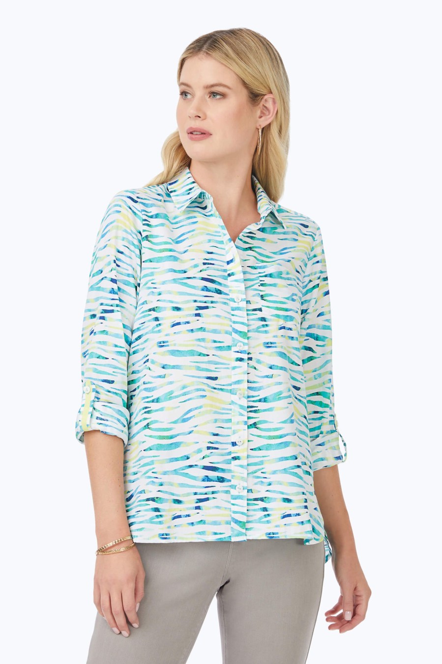 Women Foxcroft Tops | Cole Non-Iron Neon Zebra Shirt Blue Multi Neon Zebra