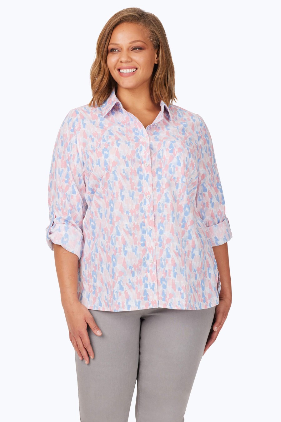 Women Foxcroft Tops | Cole Plus Non-Iron Highlights Shirt Blue Multi Highlights