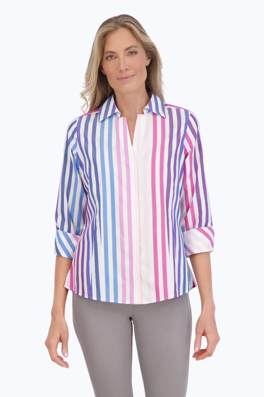 Women Foxcroft Tops | Taylor Pinpoint No Iron Ombre Stripe Shirt Ombre Multi Pinpoint Stripe