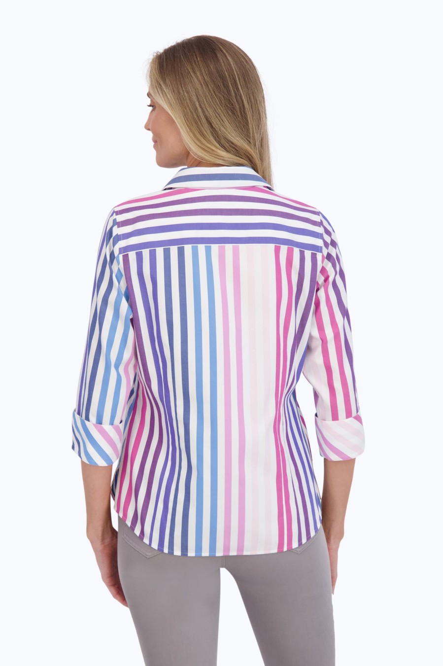 Women Foxcroft Tops | Taylor Pinpoint No Iron Ombre Stripe Shirt Ombre Multi Pinpoint Stripe