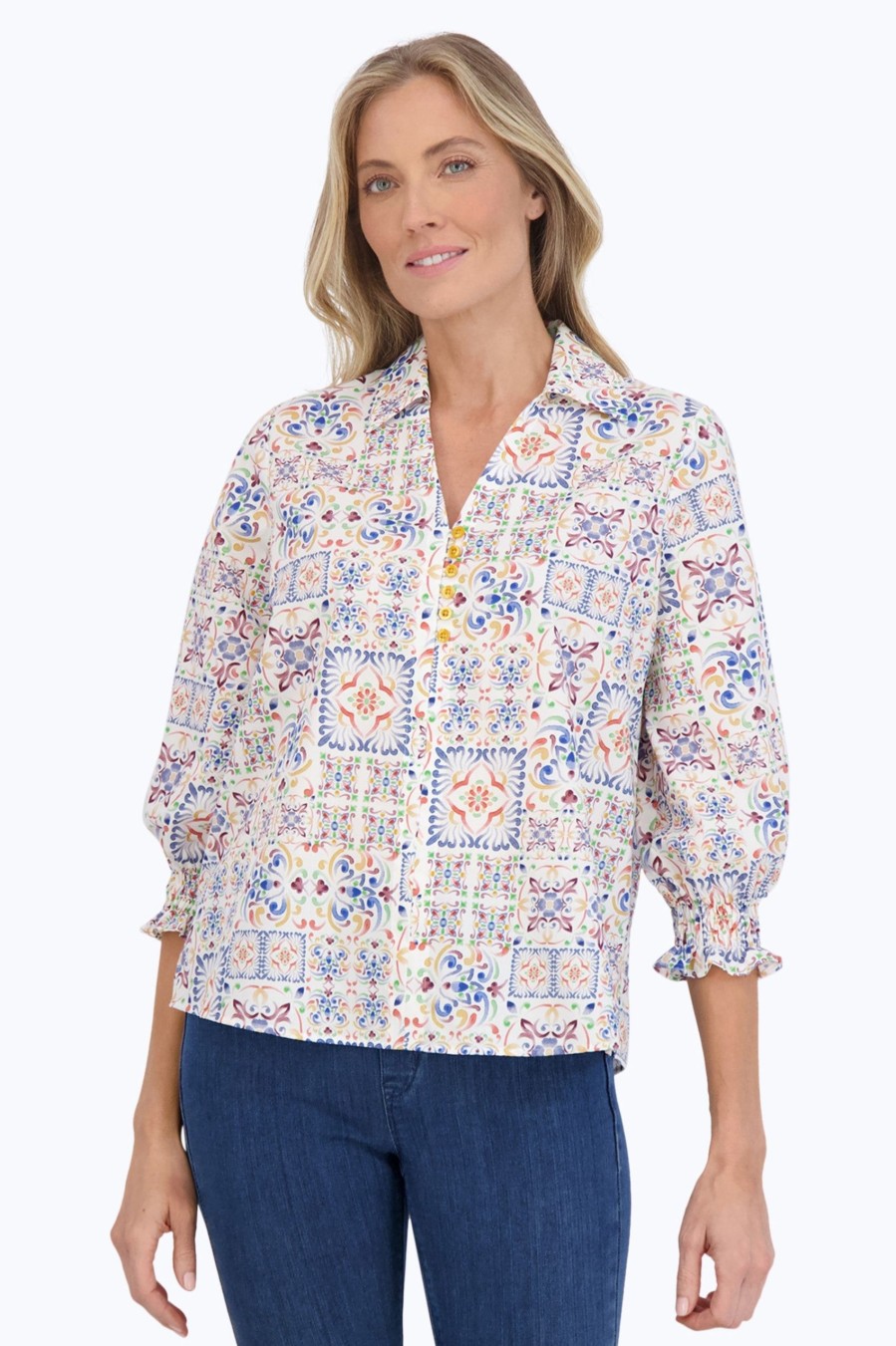 Women Foxcroft Tops | Alexis No Iron Watercolor Mosaic Popover Multi Watercolor Mosaic