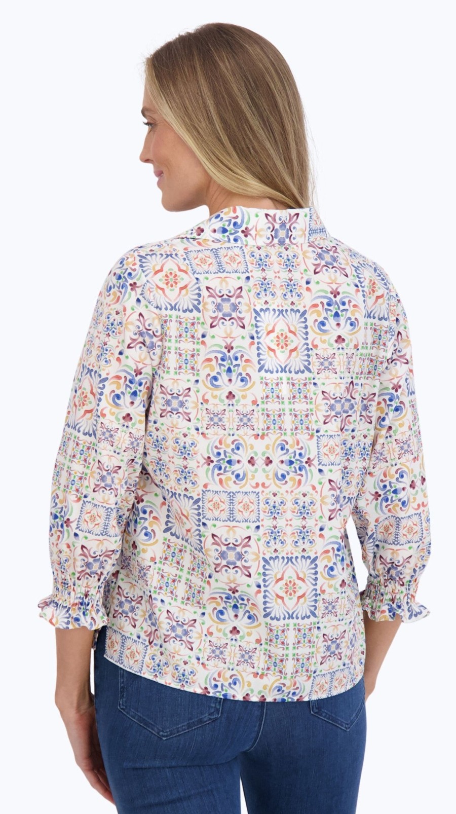 Women Foxcroft Tops | Alexis No Iron Watercolor Mosaic Popover Multi Watercolor Mosaic