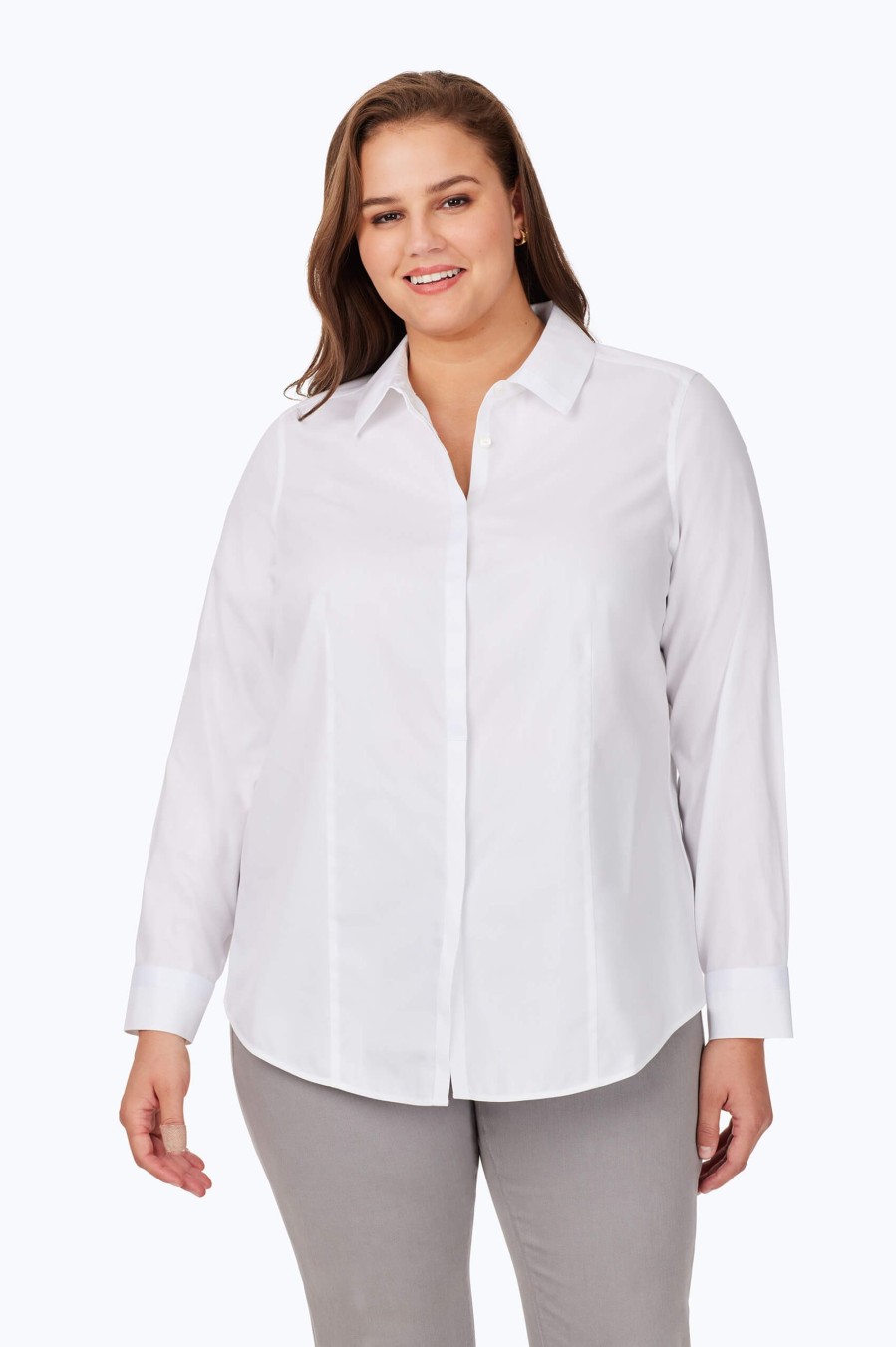 Women Foxcroft Tops | Plus Grosgrain Detail Pinpoint Non-Iron Shirt White