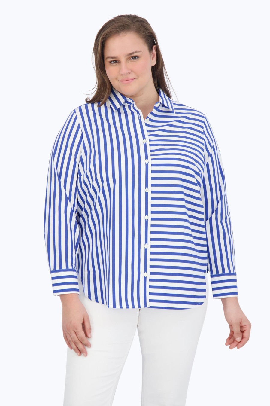 Women Foxcroft Tops | Meghan Plus No Iron Gingham Stripe Combo Shirt Cornflower Blue/White Multi