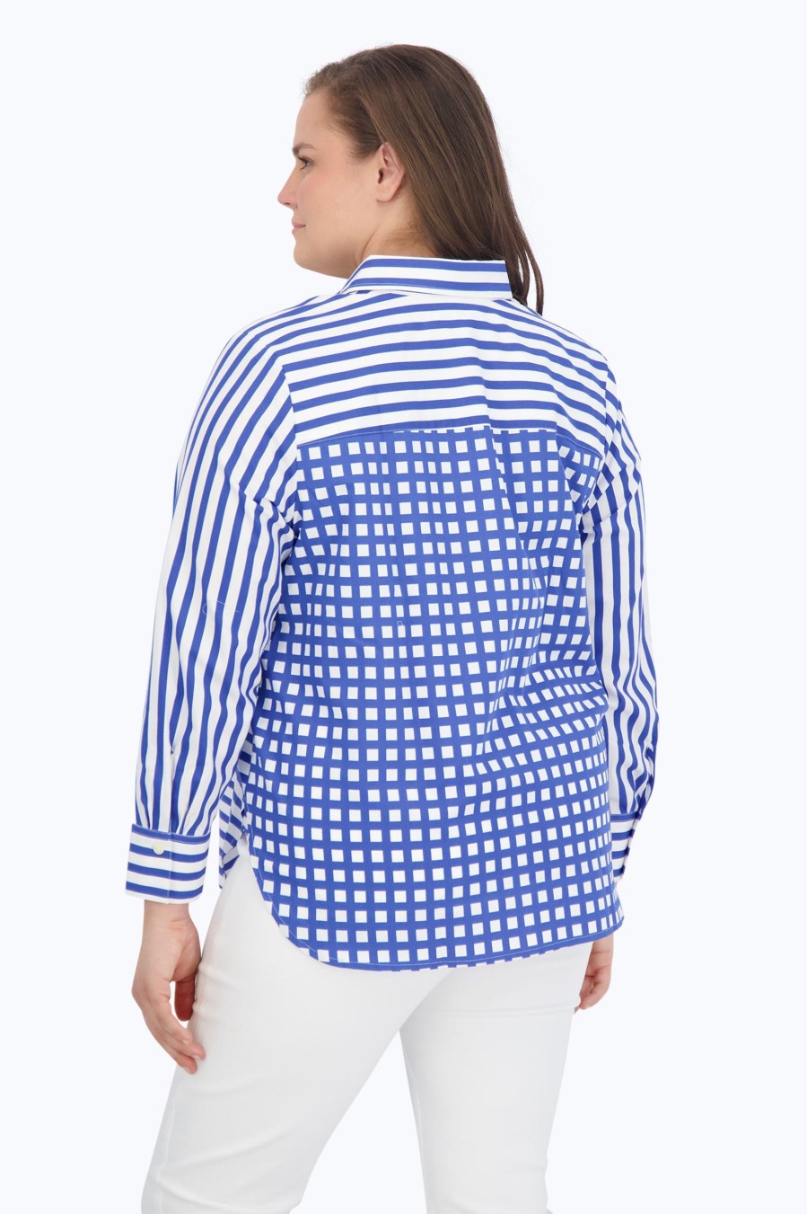 Women Foxcroft Tops | Meghan Plus No Iron Gingham Stripe Combo Shirt Cornflower Blue/White Multi