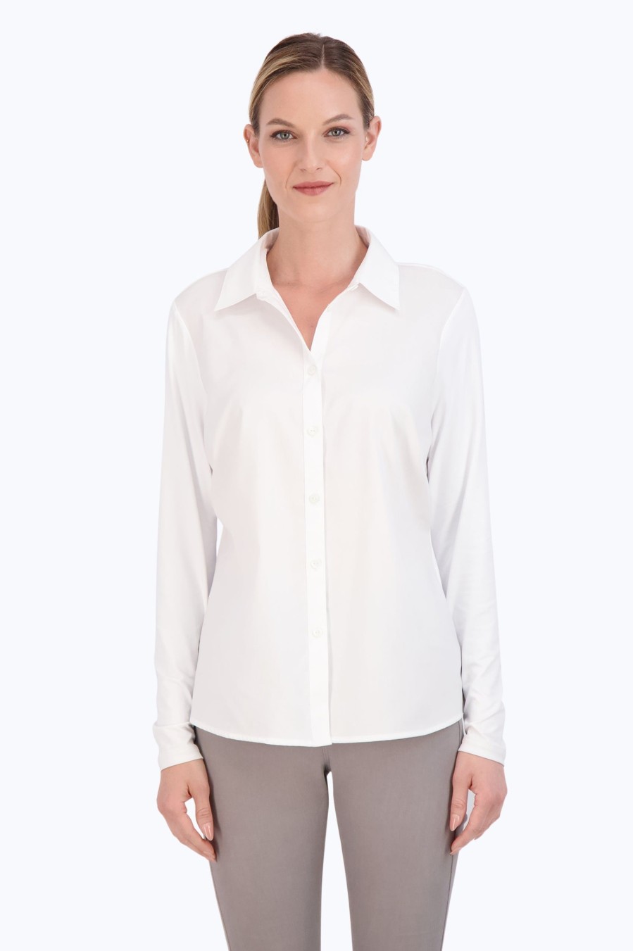 Women Foxcroft Tops | Marianna Knit-Woven Long Sleeve Layering Shirt