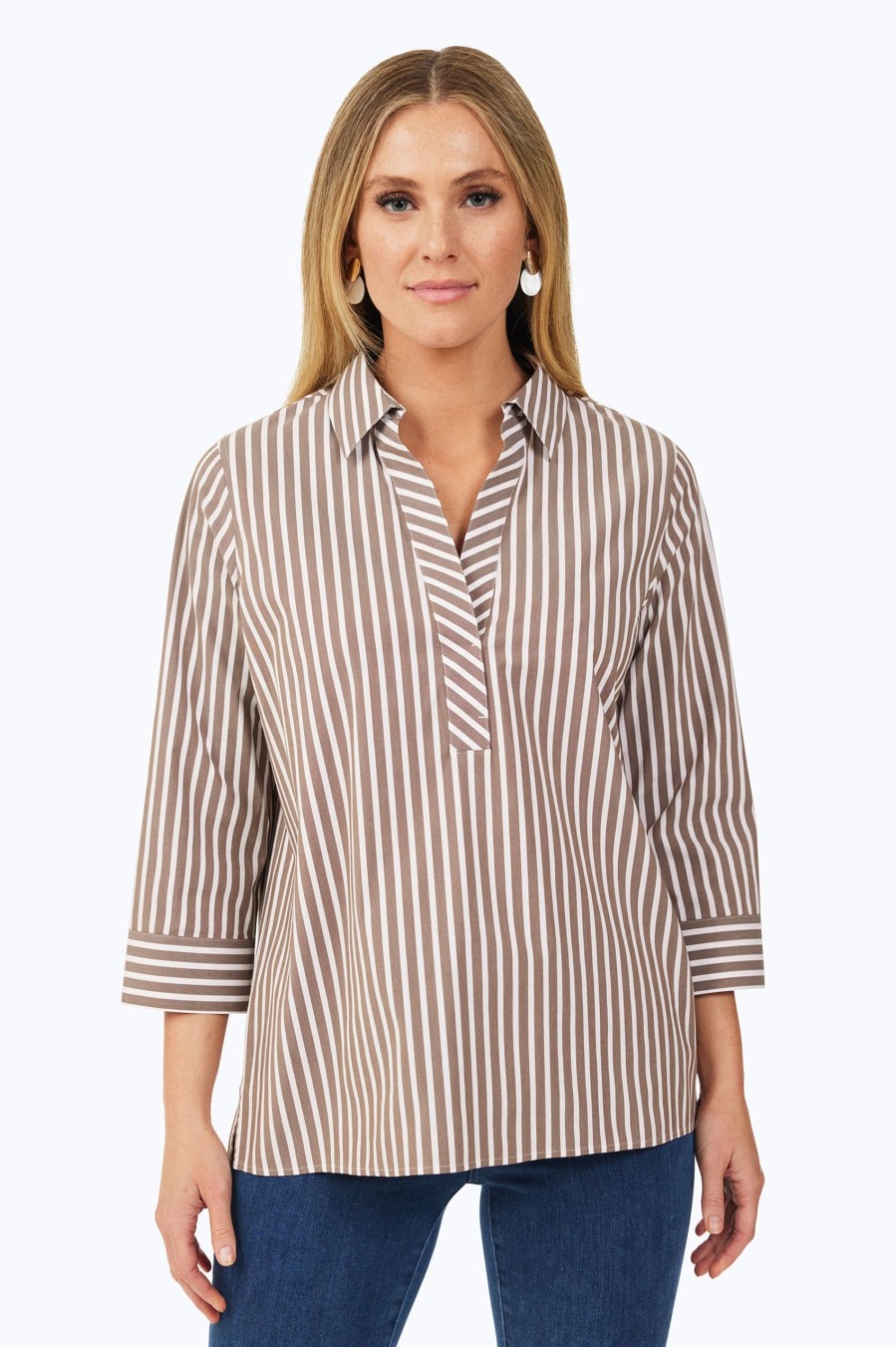 Women Foxcroft Tops | Sophia Stretch No Iron Stripe Popover Shirt