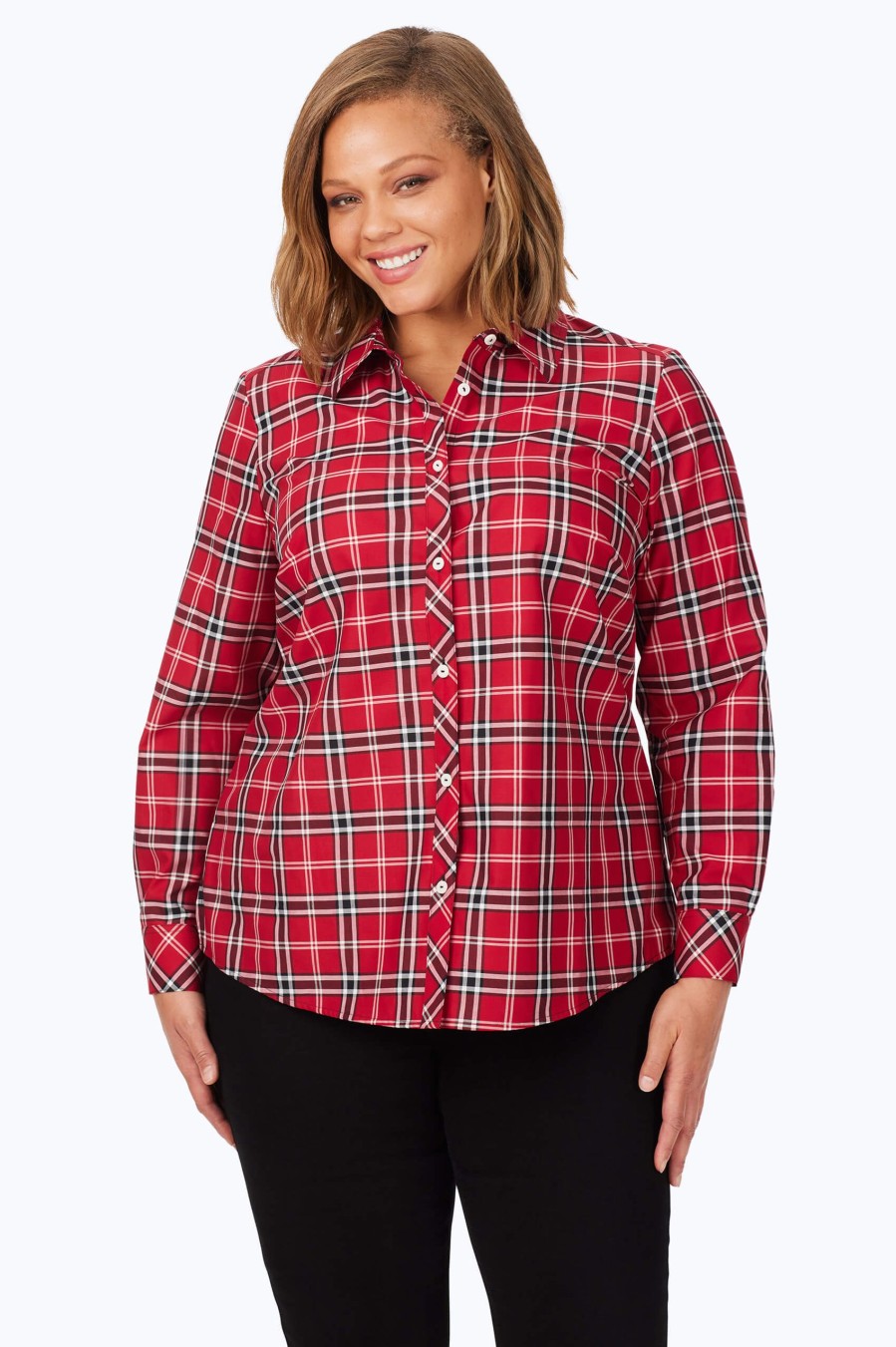 Women Foxcroft Tops | Ava Plus Non-Iron Holiday Plaid Shirt Red Multi Holiday Tartan