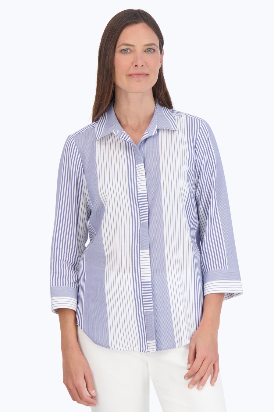 Women Foxcroft Tops | Luna No Iron Variegated Stripe Shirt Sapphire Variegated Stripe