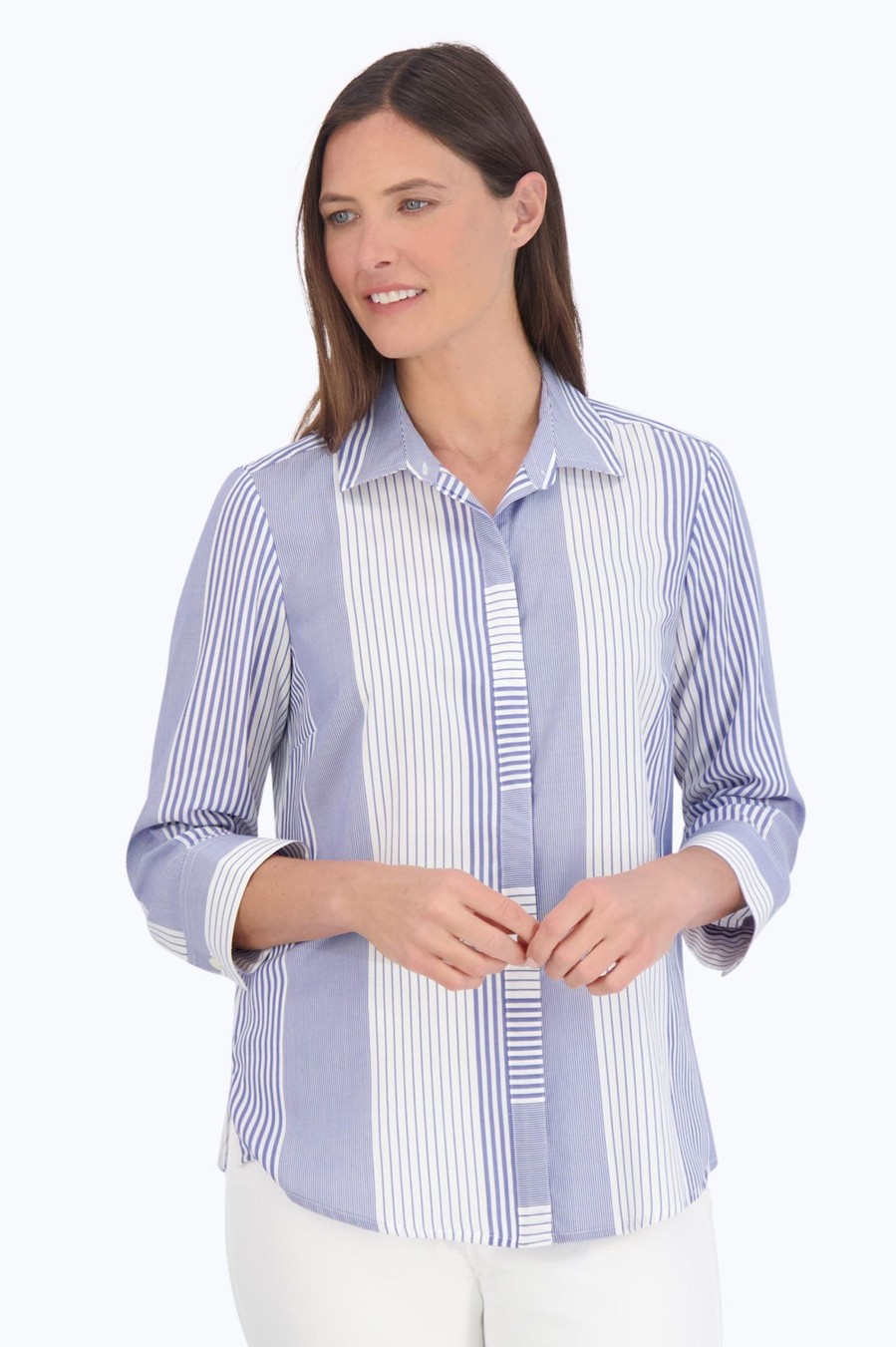 Women Foxcroft Tops | Luna No Iron Variegated Stripe Shirt Sapphire Variegated Stripe