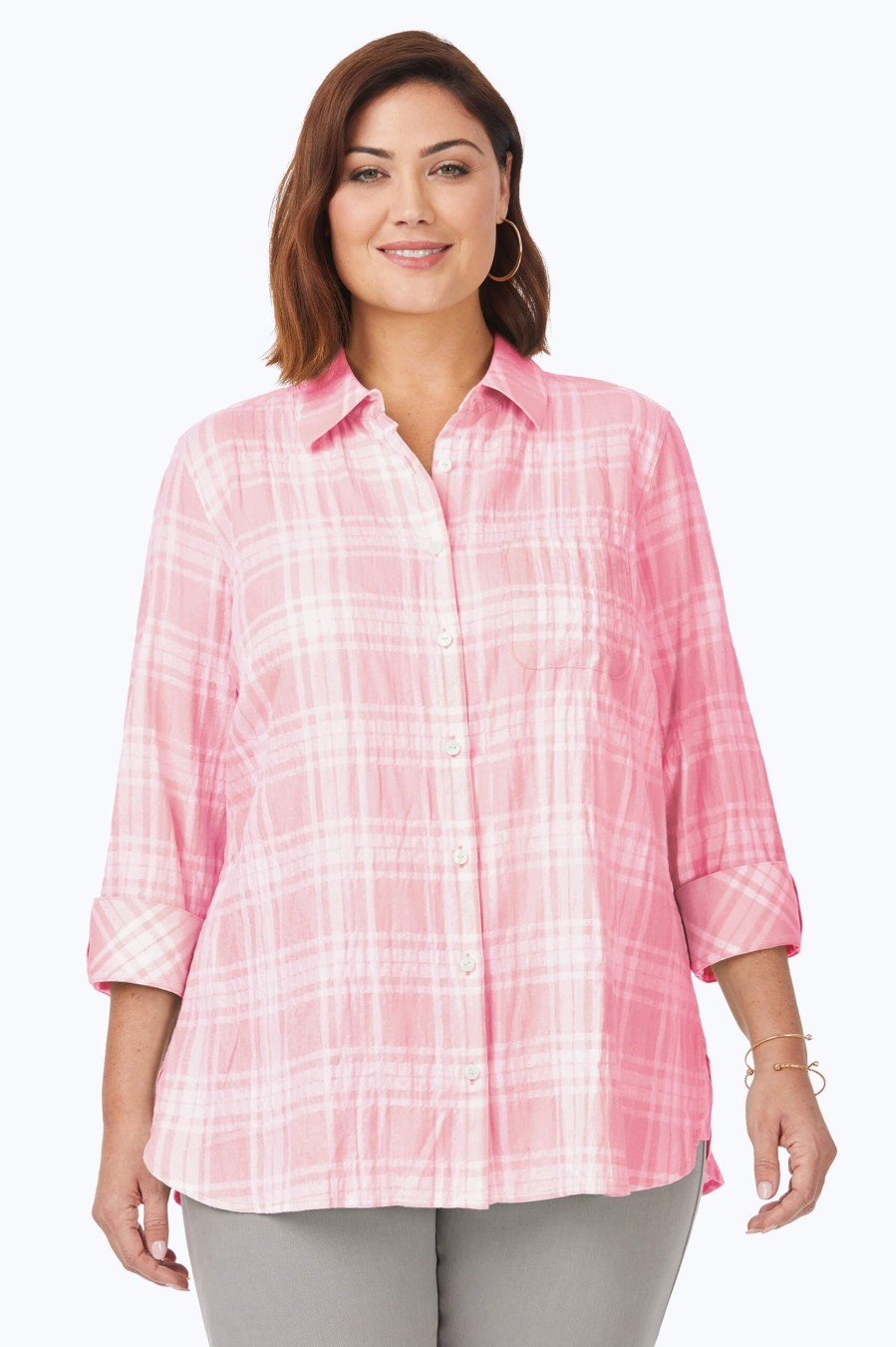 Women Foxcroft Tops | Germaine Plus Puckered Spring Plaid Tunic