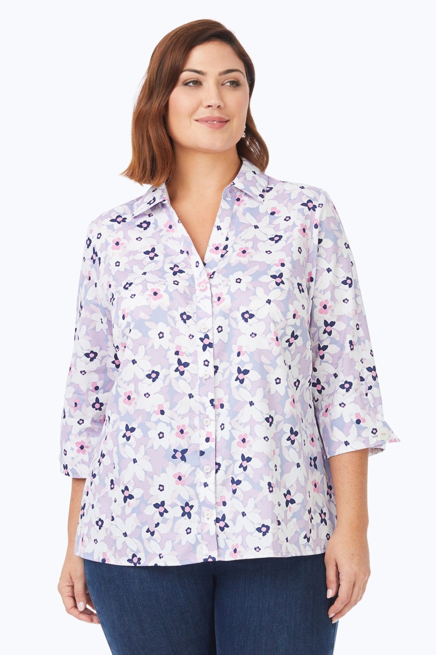 Women Foxcroft Tops | Charlotte Plus Non-Iron Blush Blossoms Shirt Lilac Blush Blossoms