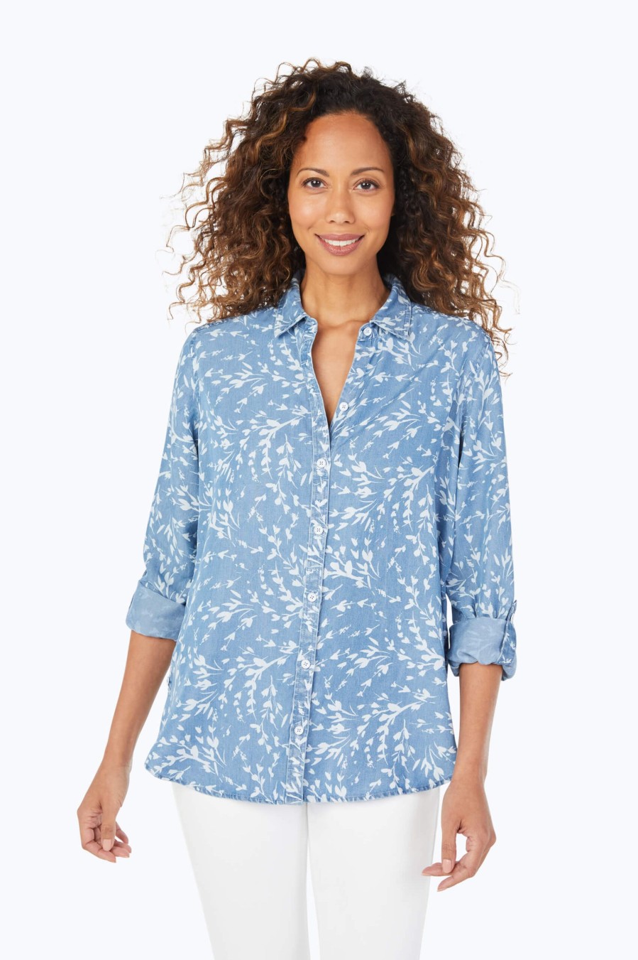 Women Foxcroft Tops | Wistful Branches Tencel® Shirt Bluewash Branches Tencel