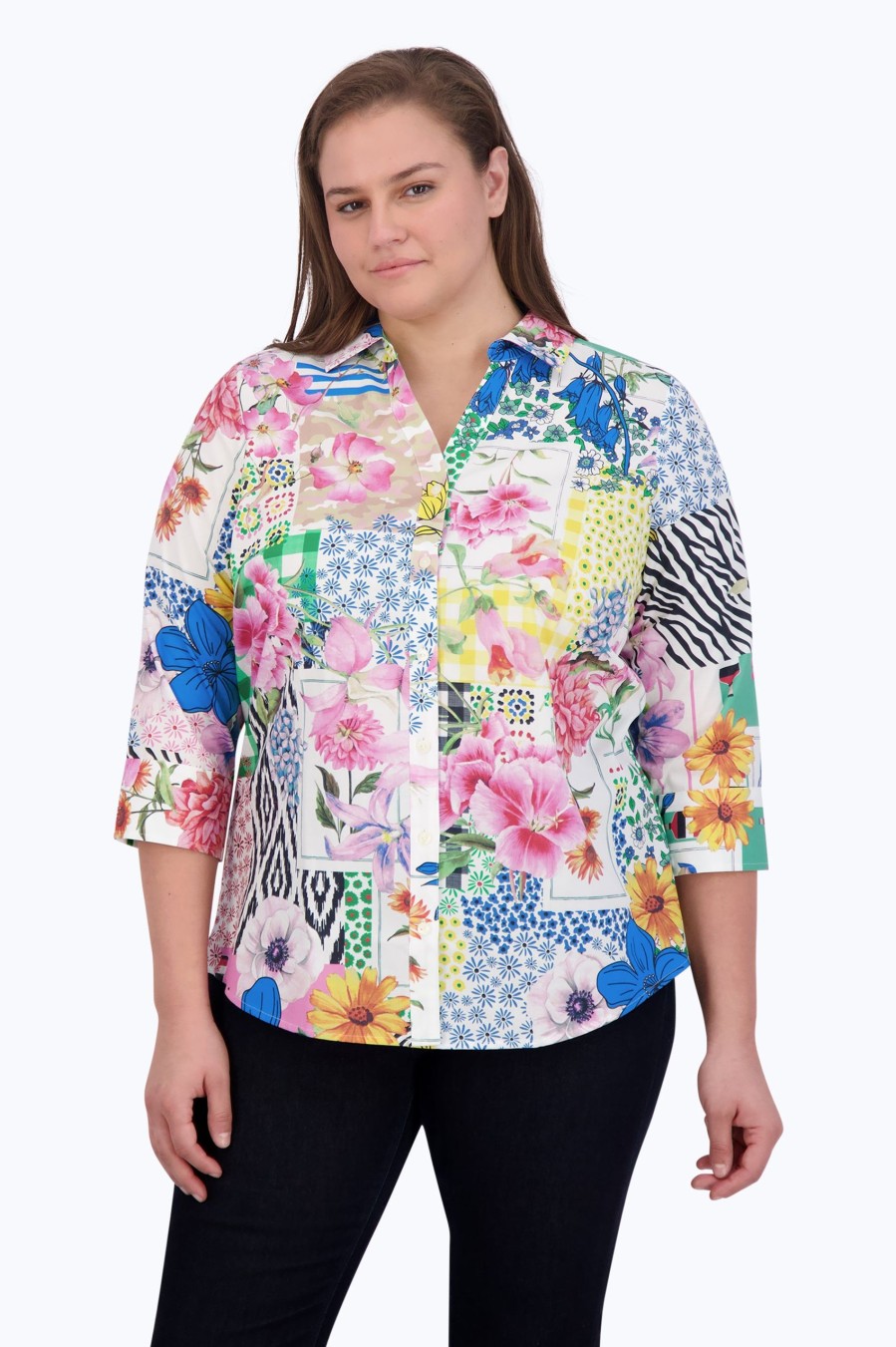 Women Foxcroft Tops | Mary Plus No Iron Spring Conversational Shirt Multi Spring Conversational