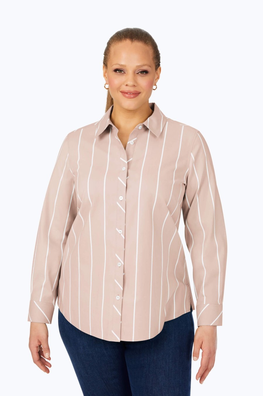 Women Foxcroft Tops | Ava Plus Stretch Non-Iron Stripe Shirt