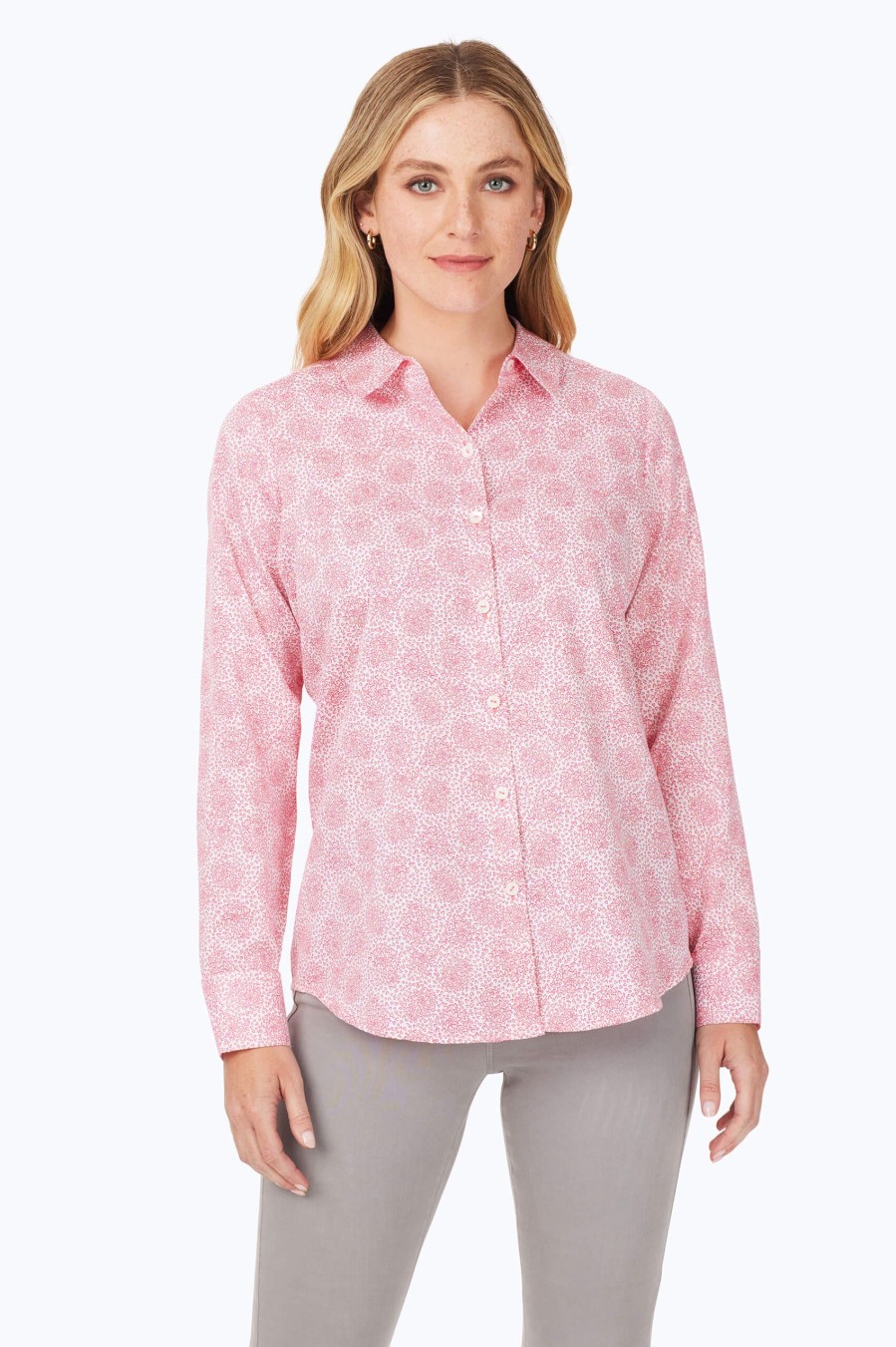 Women Foxcroft Tops | Davis Non-Iron Sweetheart Shirt Pink Champagne Sweetheart