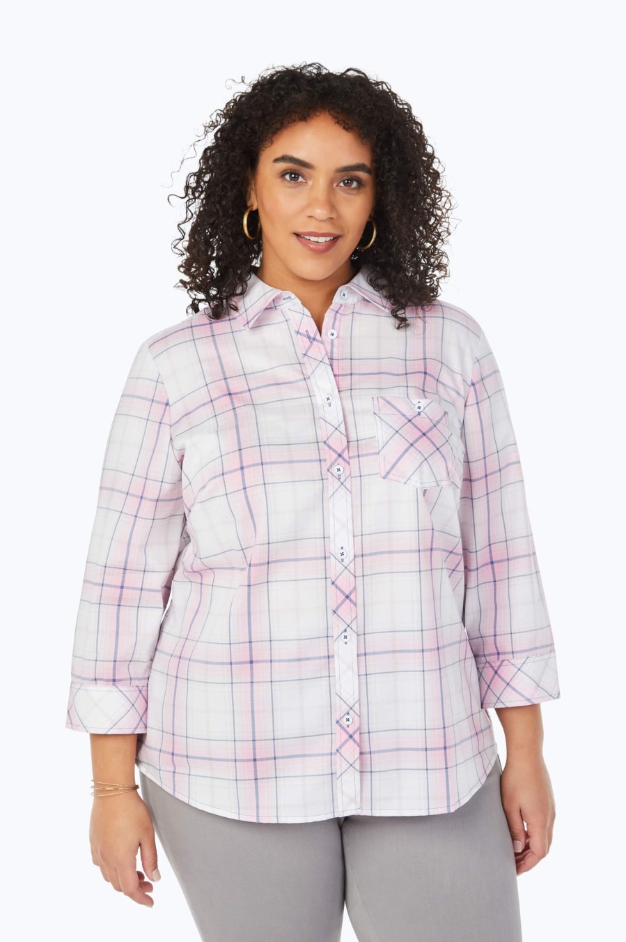 Women Foxcroft Tops | Hampton Plus Non-Iron Blossom Plaid Shirt Rose Blossom Plaid