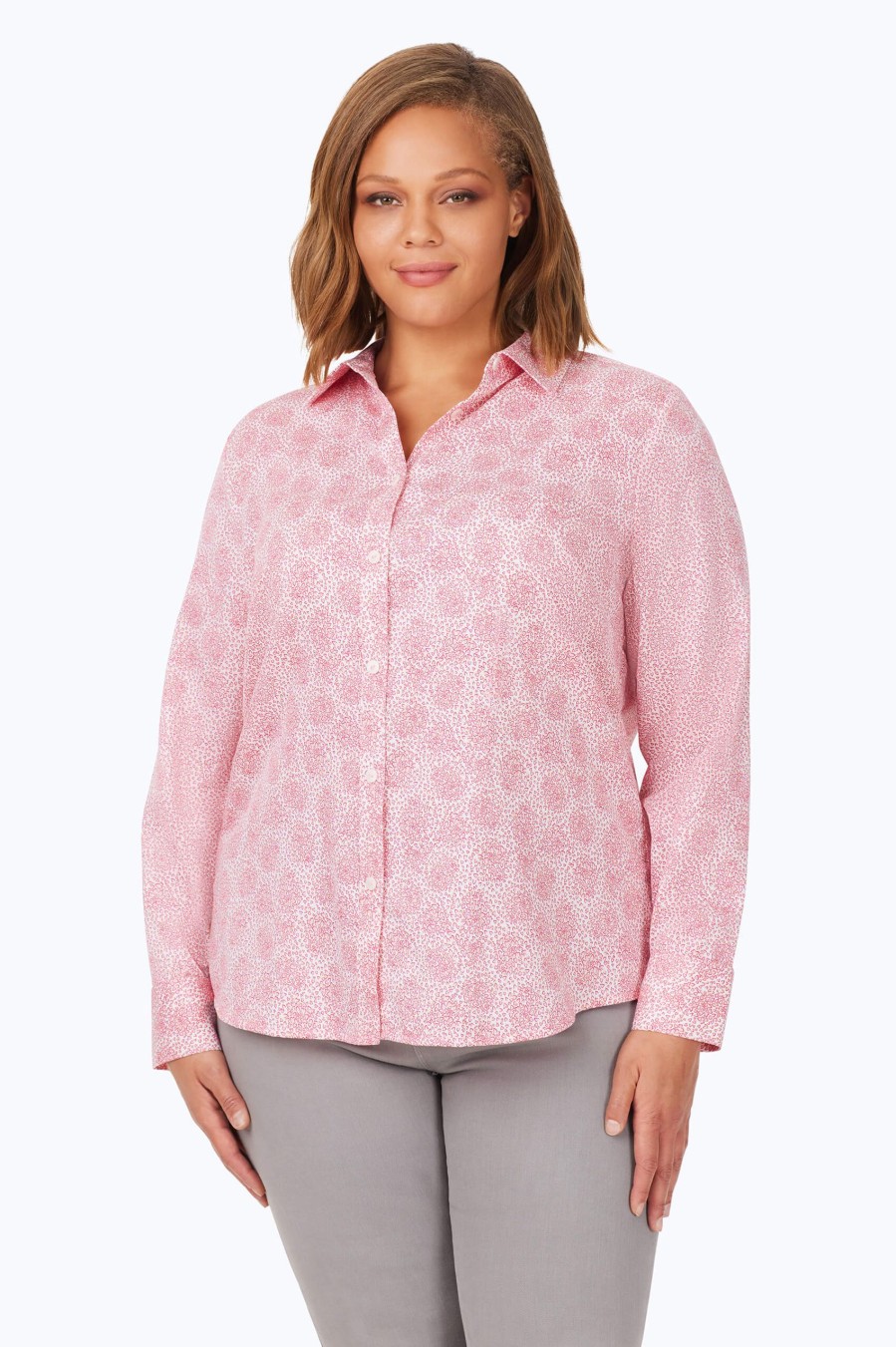 Women Foxcroft Tops | Davis Plus Non-Iron Sweetheart Shirt Pink Champagne Sweetheart