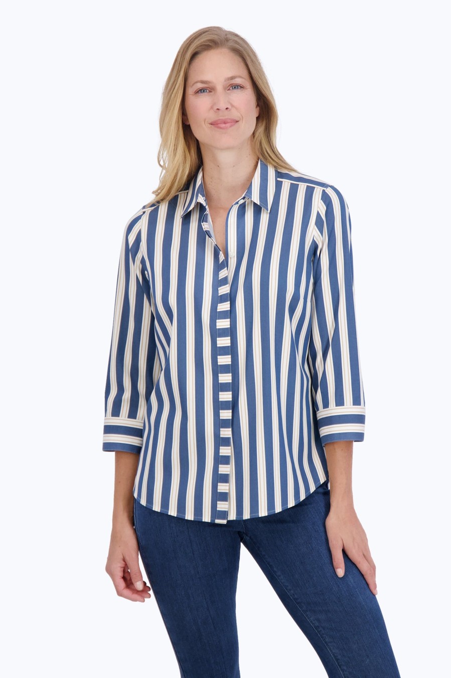 Women Foxcroft Tops | Luna Plus Stretch No Iron Indigo Stripe Shirt Indigo Cedar Stripe