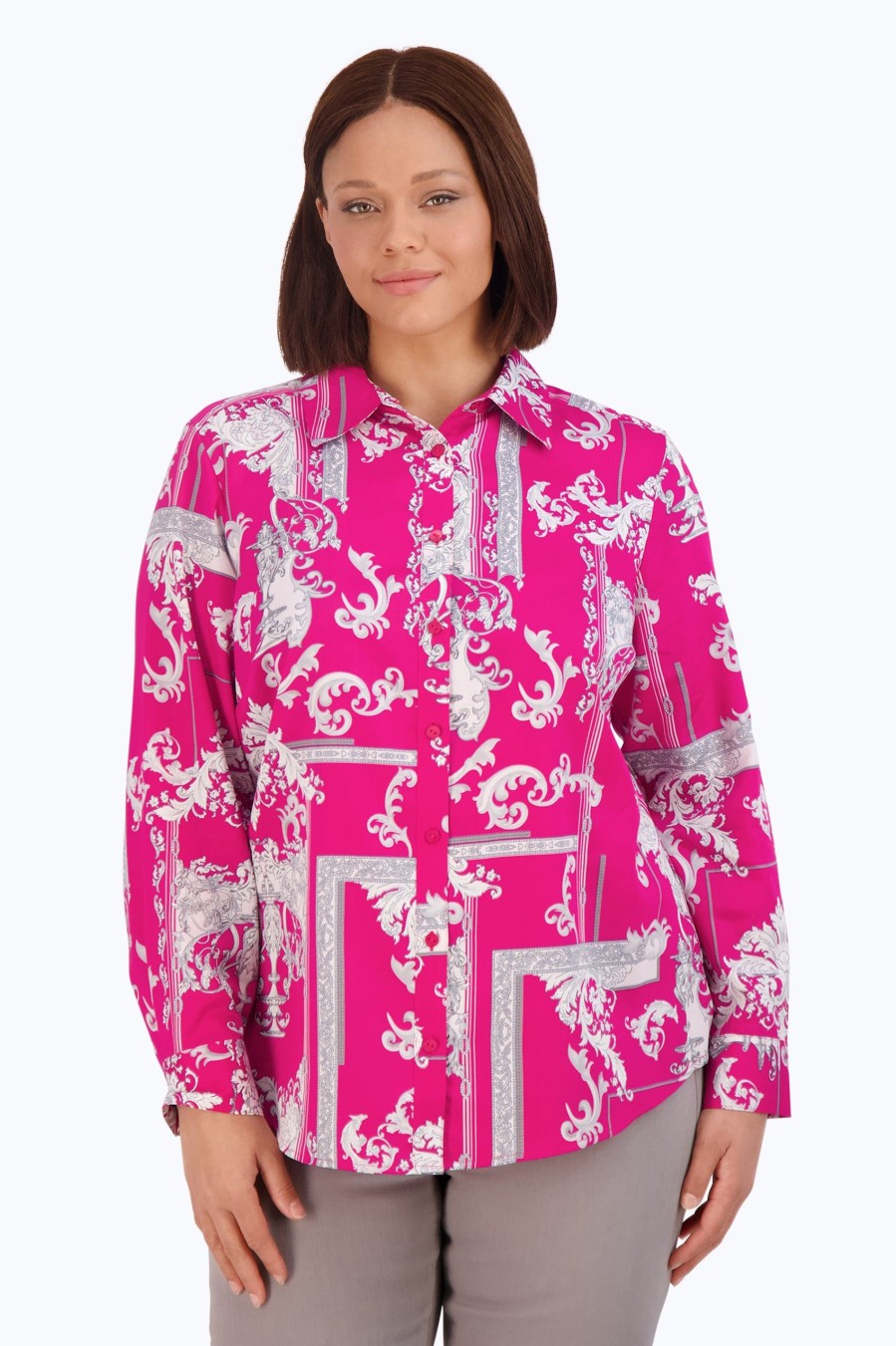 Women Foxcroft Tops | Zoey Plus No Iron Baroque Shirt Azalea Baroque Print