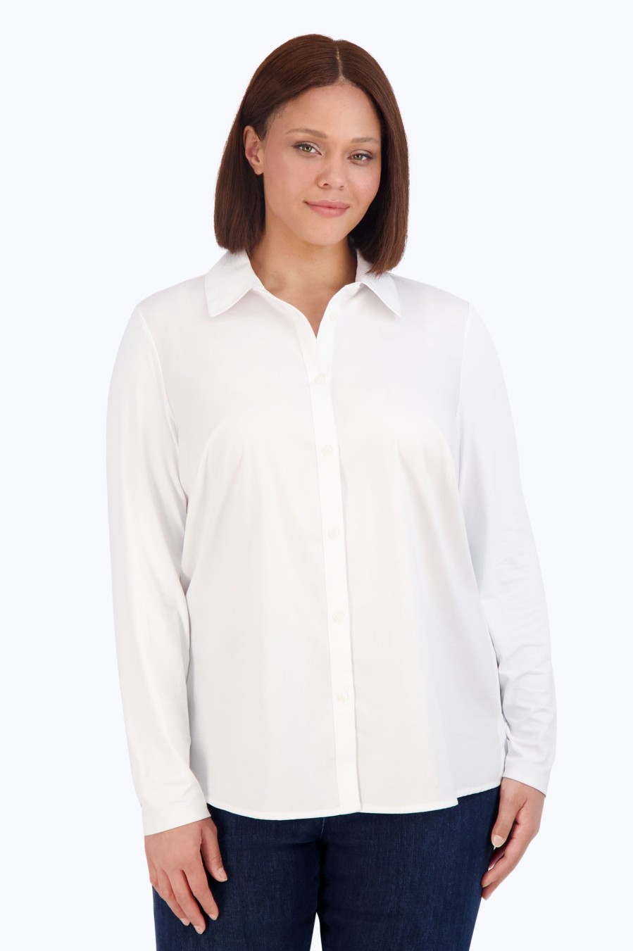 Women Foxcroft Tops | Marianna Plus Knit-Woven Long Sleeve Layering Shirt