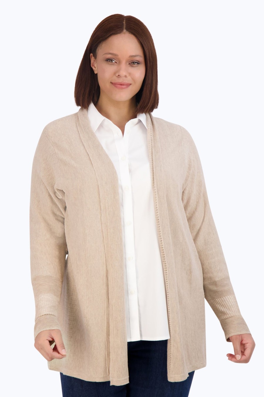 Women Foxcroft Tops | Marianna Plus Knit-Woven Long Sleeve Layering Shirt