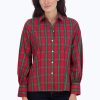 Women Foxcroft Tops | Joyce No Iron Lurex Tartan Shirt Lurex Red/Green Tartan Plaid