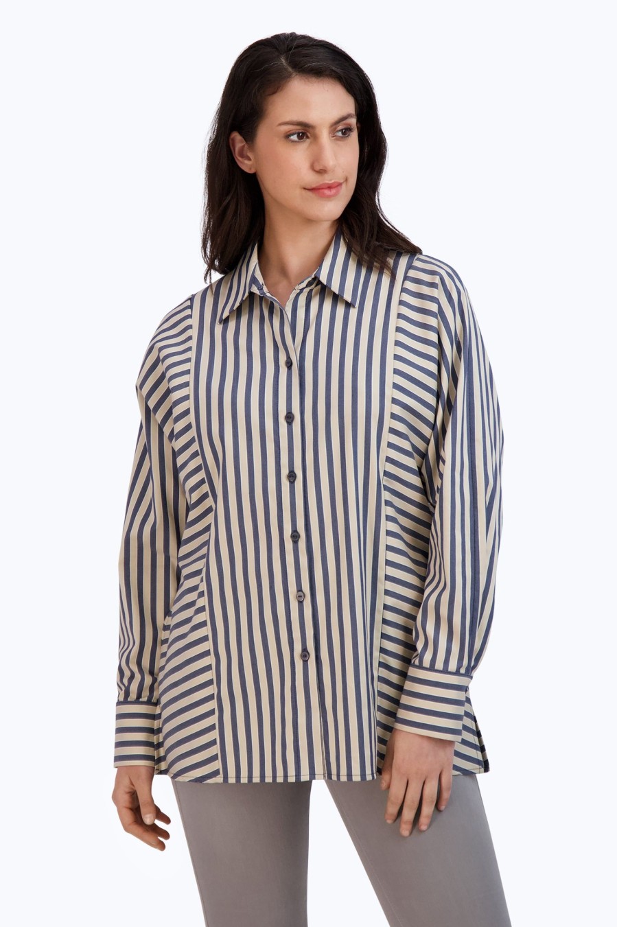 Women Foxcroft Tops | Jackie Non-Iron Navy Stripe Shirt Navy/Neutral Stripe