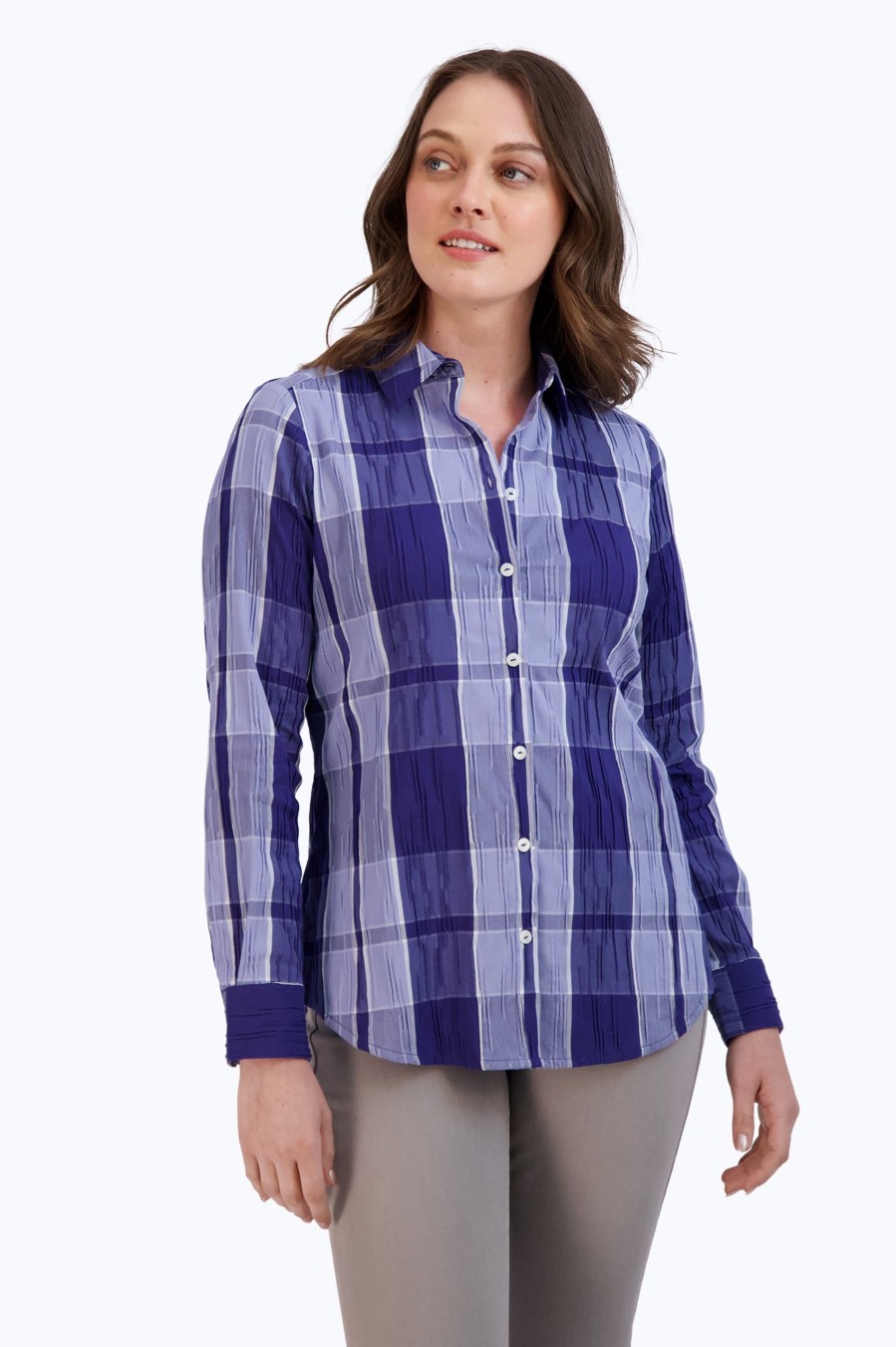 Women Foxcroft Tops | Zoey Denim Plaid Crinkle Shirt Blue Denim Plaid