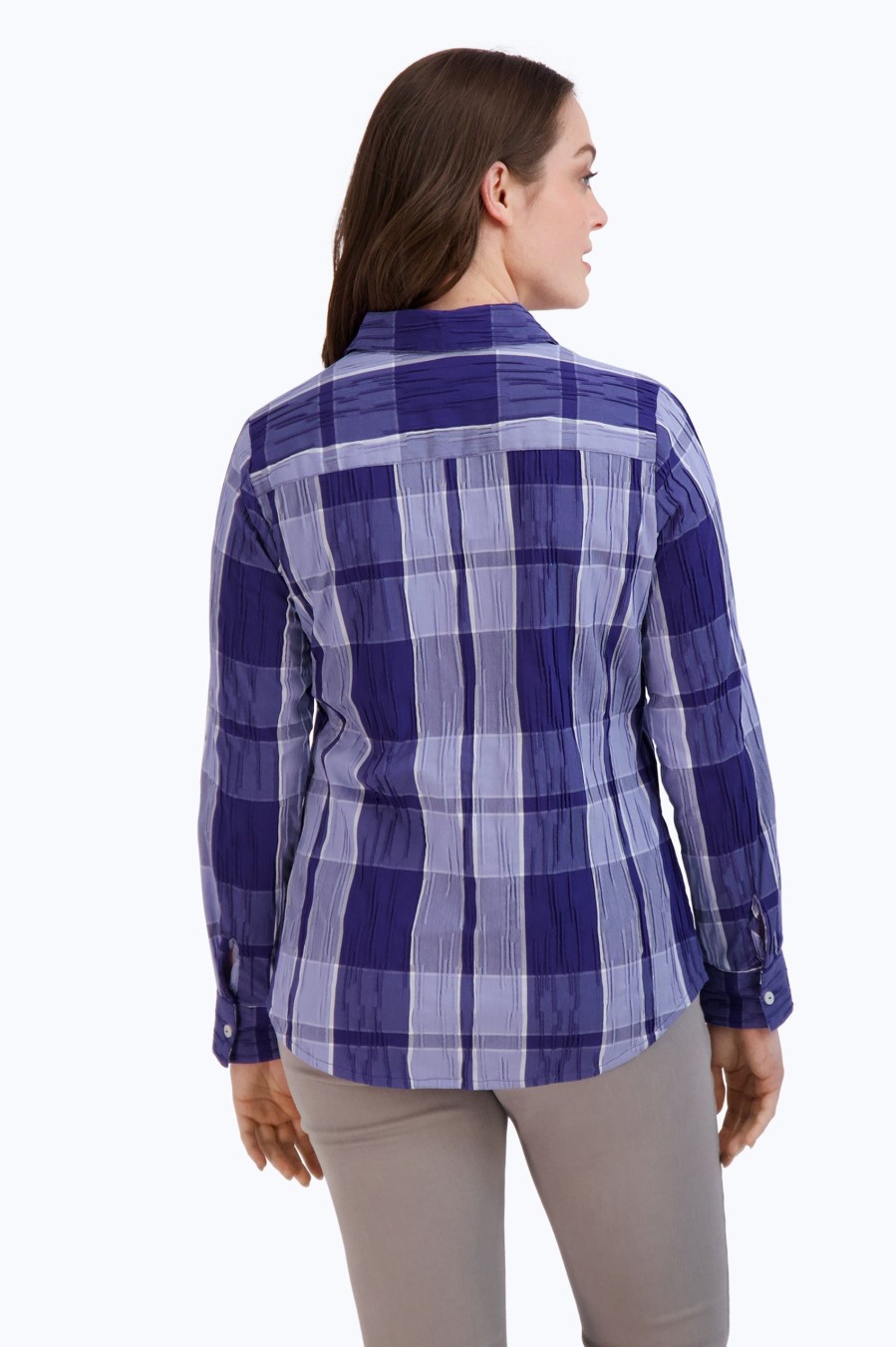 Women Foxcroft Tops | Zoey Denim Plaid Crinkle Shirt Blue Denim Plaid