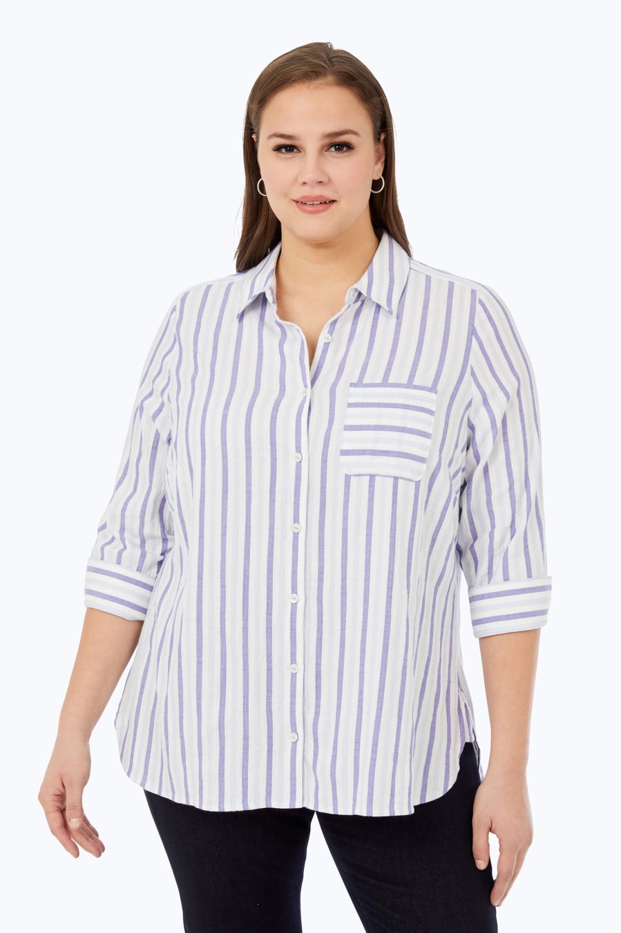 Women Foxcroft Tops | Germaine Plus Soft Stripe Tunic Multi Soft Stripe