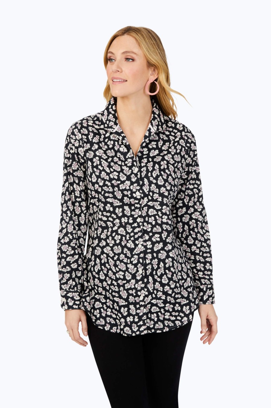 Women Foxcroft Tops | Leopard Flowers Non-Iron Tunic Black Leopard Flowers