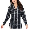 Women Foxcroft Tops | Faith Black Windowpane Crinkle Tunic Black Holiday Crinkle Windowpane