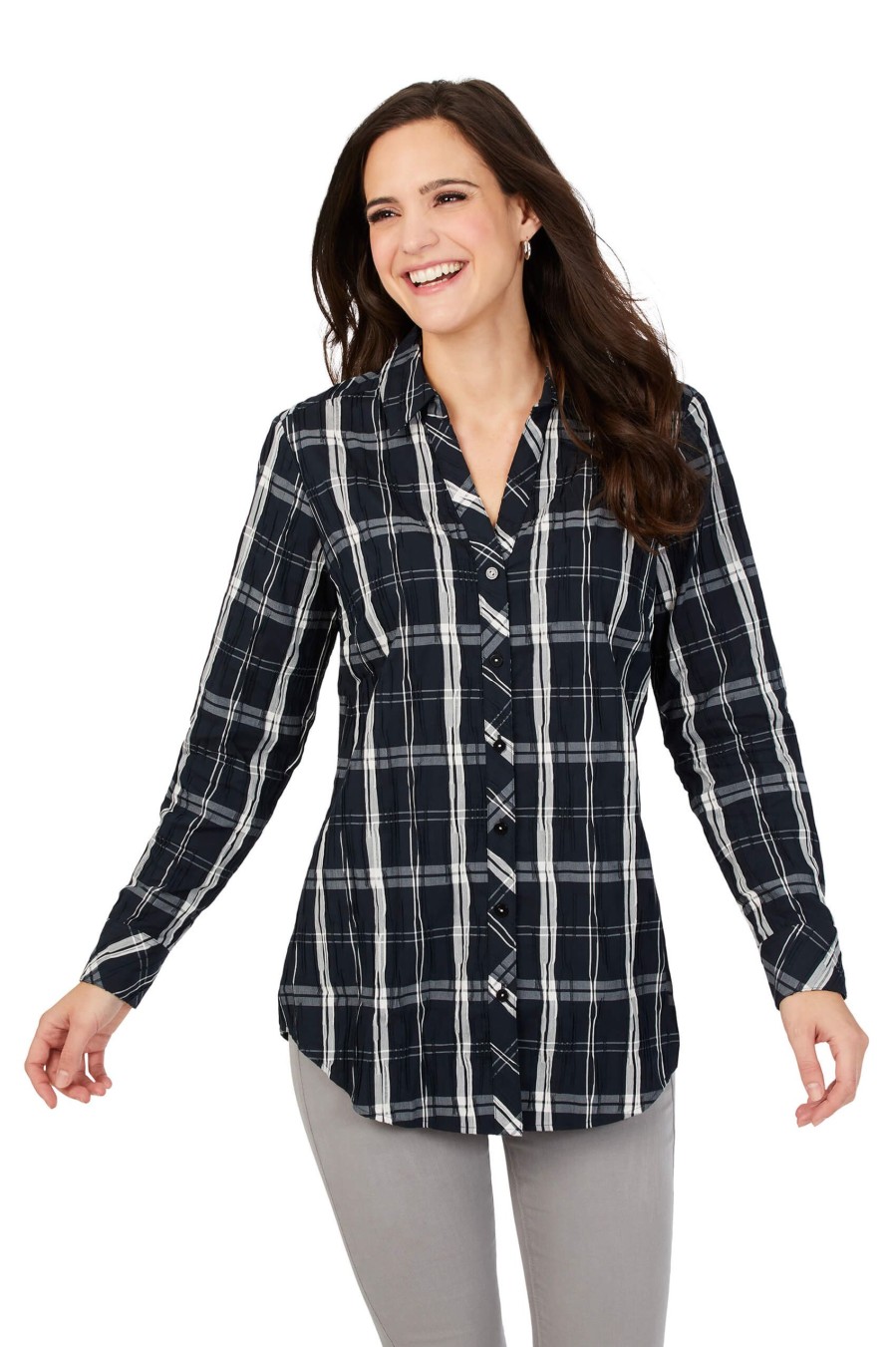 Women Foxcroft Tops | Faith Black Windowpane Crinkle Tunic Black Holiday Crinkle Windowpane