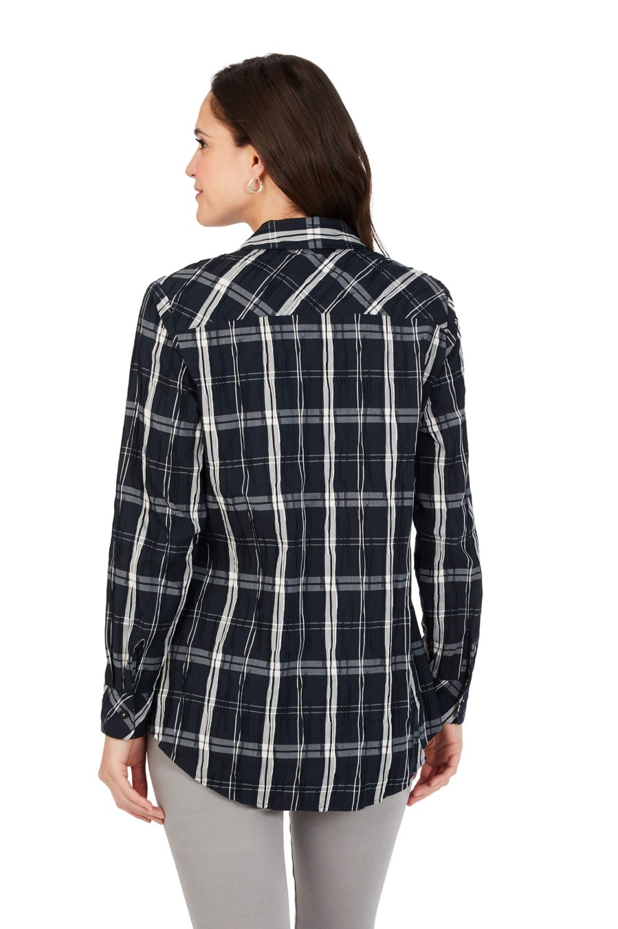 Women Foxcroft Tops | Faith Black Windowpane Crinkle Tunic Black Holiday Crinkle Windowpane