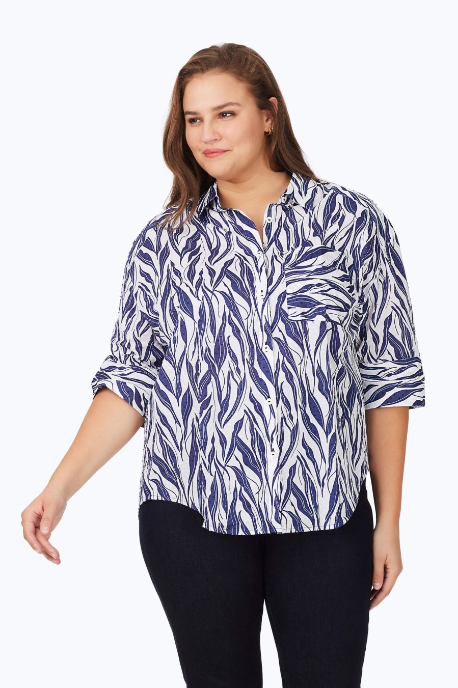 Women Foxcroft Tops | Joanna Plus Beach Botanical Tunic Navy Multi Beach Botanical