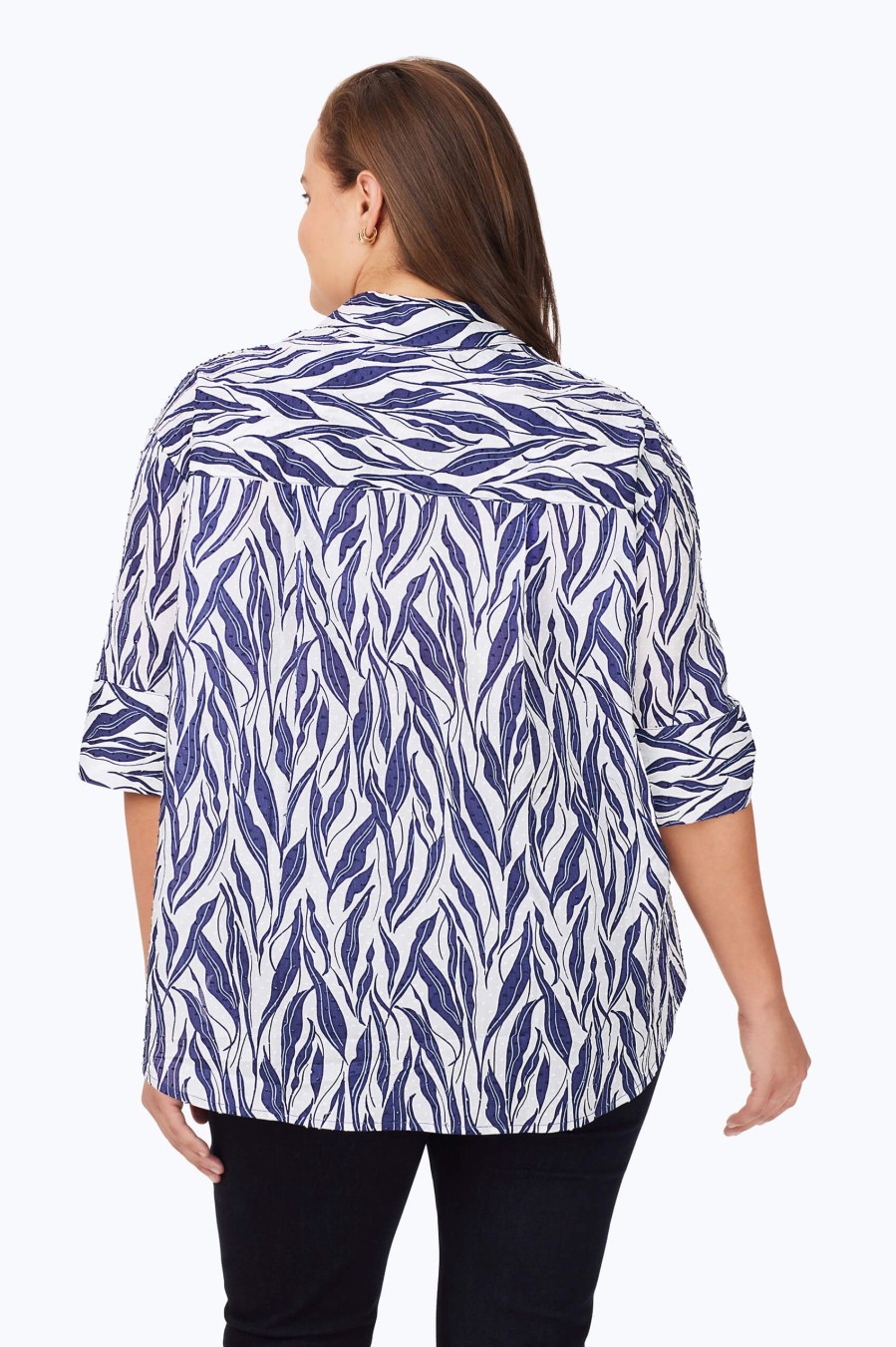 Women Foxcroft Tops | Joanna Plus Beach Botanical Tunic Navy Multi Beach Botanical