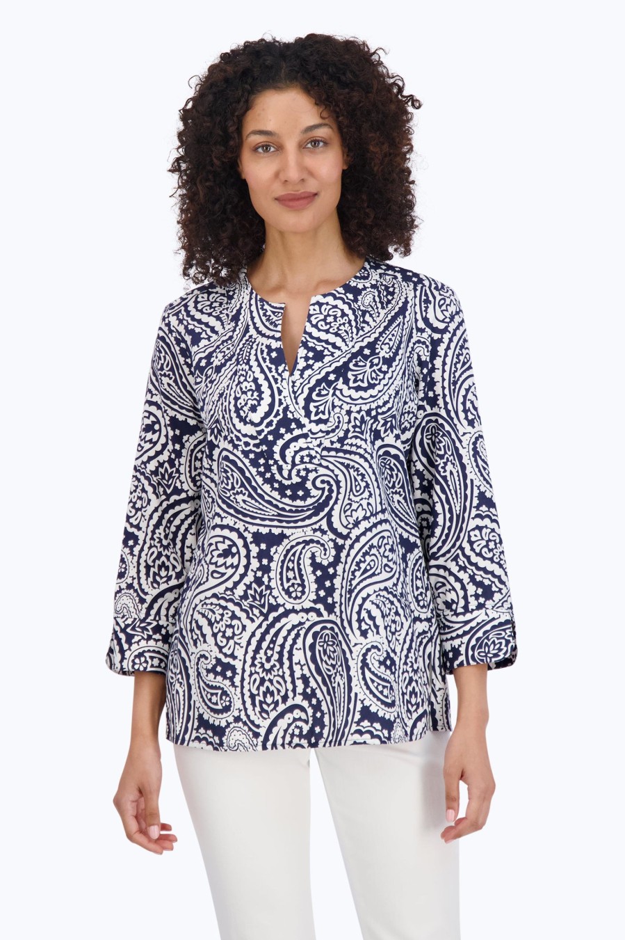 Women Foxcroft Tops | Vena No Iron Navy Paisley Popover Navy/White Paisley