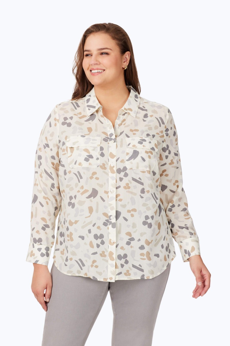 Women Foxcroft Tops | Davis Plus Brushstrokes Shirt Ivory Multi Brushstrokes